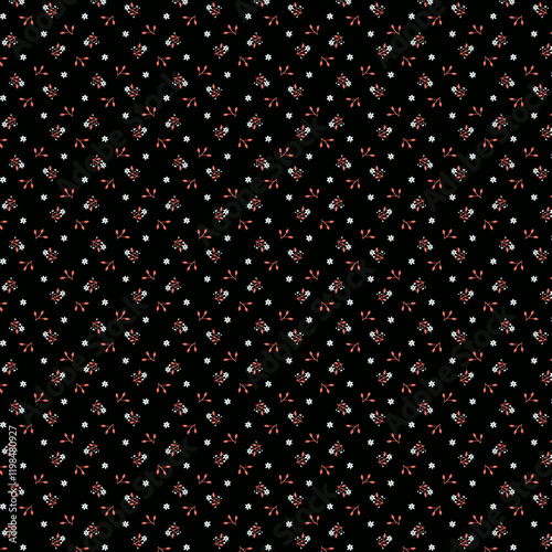 Spring bloom Simple tiny floral fabric pattern Small white apple tree, cherry tree flowers on a black background Rustical primitive design