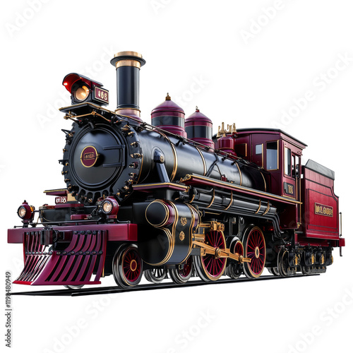 A meticulously detailed rendering of a vintage steam locomotive, showcasing its ornate design and rich color scheme.