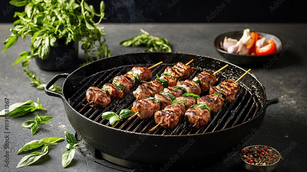 A rustic BBQ scene with pork skewers on the grill, surrounded fresh herbs and spices A rustic BBQ scene with pork skewers on the grill, surrounded fresh herbs and spices