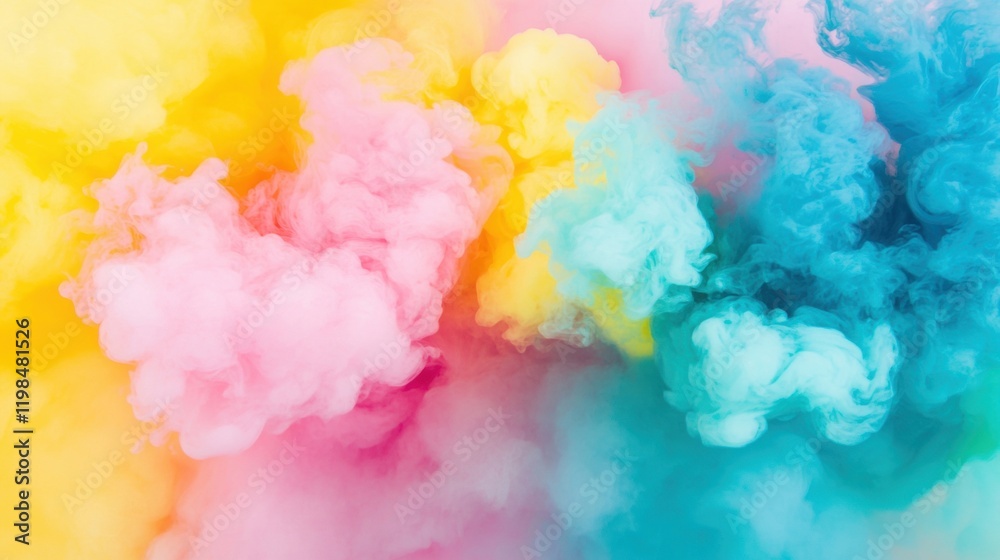 Fototapeta premium Colorful clouds of pink, yellow, and blue ink blend and swirl together in water, creating a beautiful and dynamic visual effect