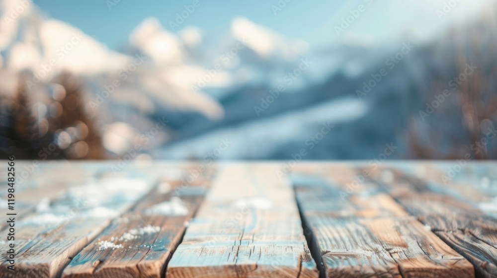 Naklejka premium The wooden table stands against a backdrop of stunning snowy mountains under clear skies, evoking a peaceful winter atmosphere