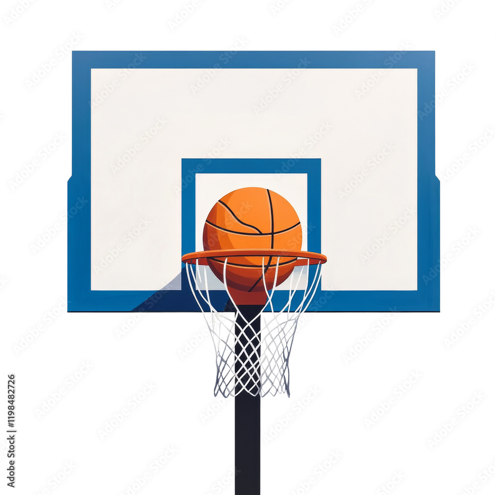 A basketball perfectly enters the net of a basketball hoop against a white background. A basketball perfectly enters the net of a basketball hoop against a white background.