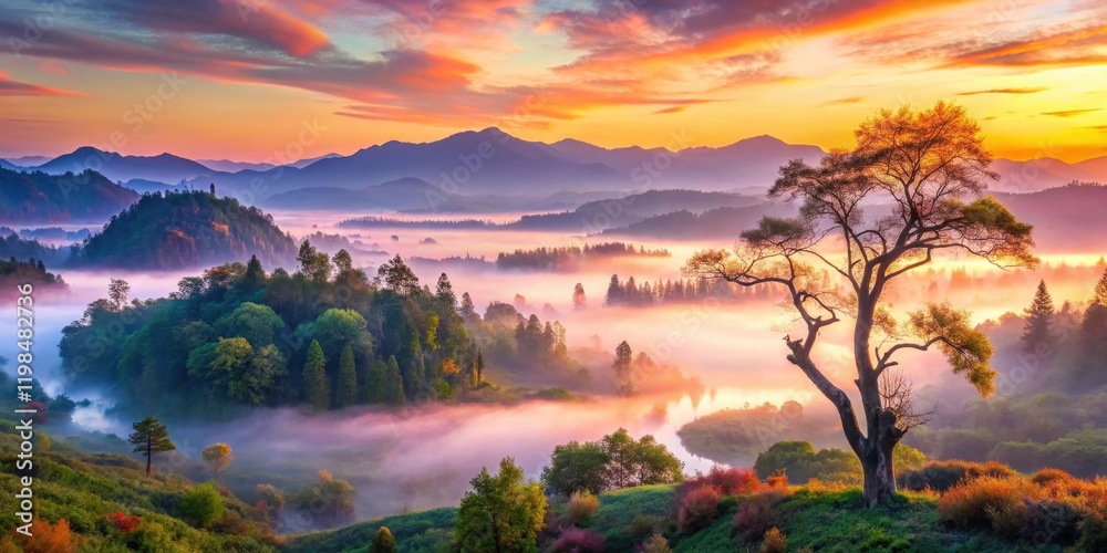 Obraz premium Serene Sunrise Over Misty Mountain Valley, Majestic Tree Silhouetted Against a Vibrant Sky