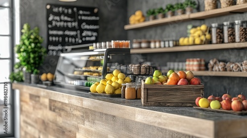 Rustic cafe interior with fresh fruit and food display. © Windi