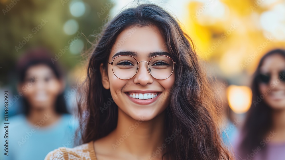 Fototapeta premium Young woman with long hair and glasses smiling outdoors.