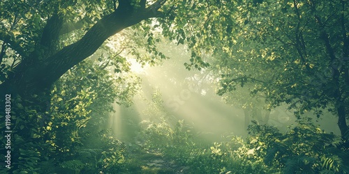 Fototapeta Naklejka Na Ścianę i Meble -  A beautiful nature background featuring a lush green forest with soft sunlight filtering through the trees.