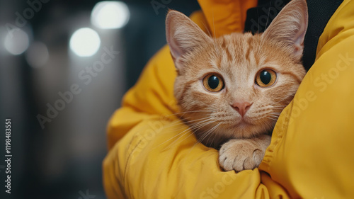 gentle orange cat being cradled in warm yellow jacket, evoking comfort, World spay day concept photo