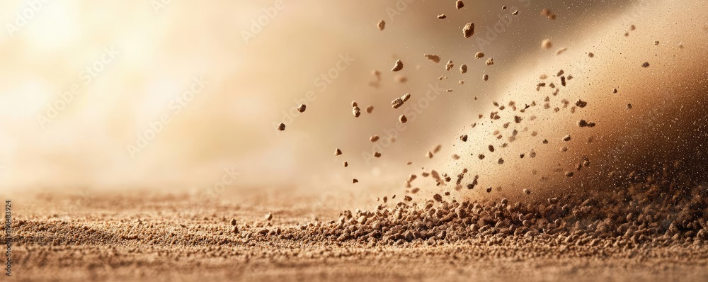 Obraz premium Dust pollution concept. A close-up view of sand grains being blown by a gentle breeze in a serene landscape.