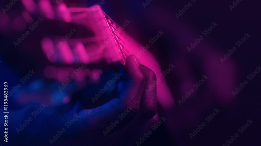 African American man plays an electric guitar, surrounded by vibrant neon hues. The atmosphere is that of a cool, modern space, emphasizing creativity and passion for music.
