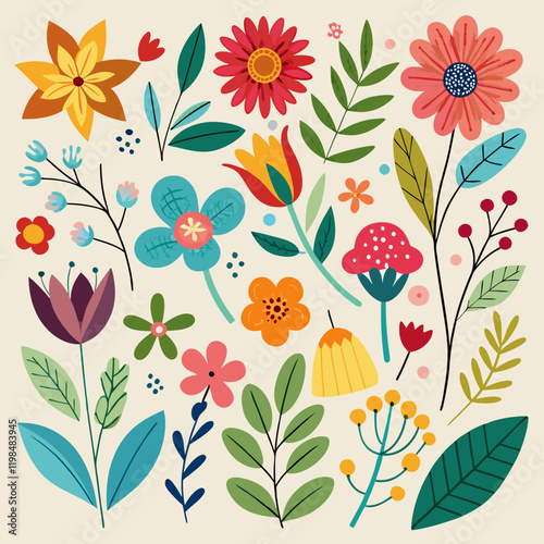 A large assortment of colorful, stylized flowers, leaves, and branches in a flat, cartoonish style