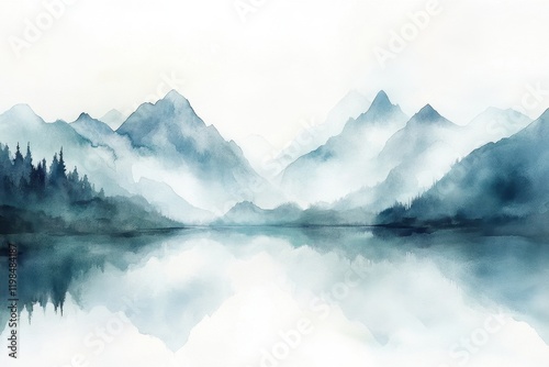 Serene Watercolor Mountain Landscape with Lake Reflection and Mist.