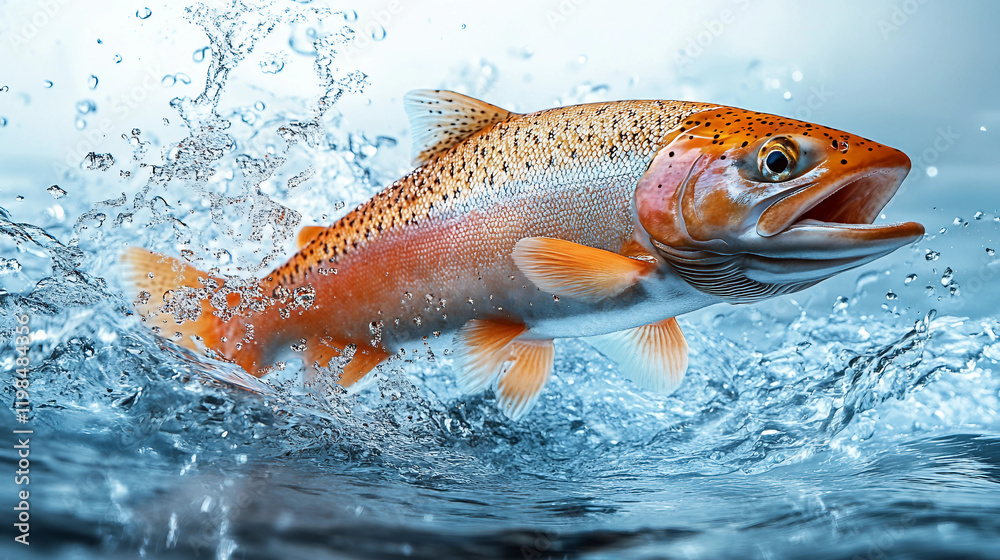 A single salmon fish, its light pink body shimmering with the slightest gleam of orange, leaping dynamically from crystal-clear ocean-blue water. Suitable for marketing or business purposes A single salmon fish, its light pink body shimmering with the slightest gleam of orange, leaping dynamically from crystal-clear ocean-blue water. Suitable for marketing or business purposes