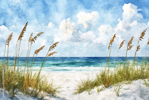 The image depicts a serene beach scene with tall, golden sea oats swaying in the foreground