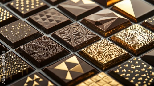 Artistic close-up of a luxury chocolate box featuring geometric designs, gold foil highlights, and intricate patterns