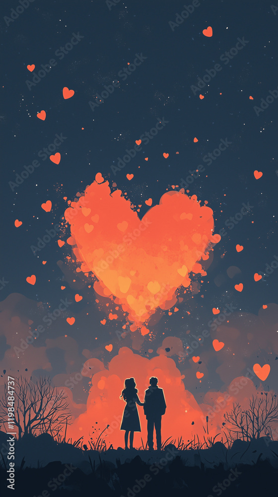 Silhouette Couple Under Starry Sky with Heart Lights, Romantic Valentines Day Date under the stars, Nighttime, Walk, Silhouette Couple Under Starry Sky with Heart Lights, Romantic Valentines Day Date under the stars, Nighttime, Walk,