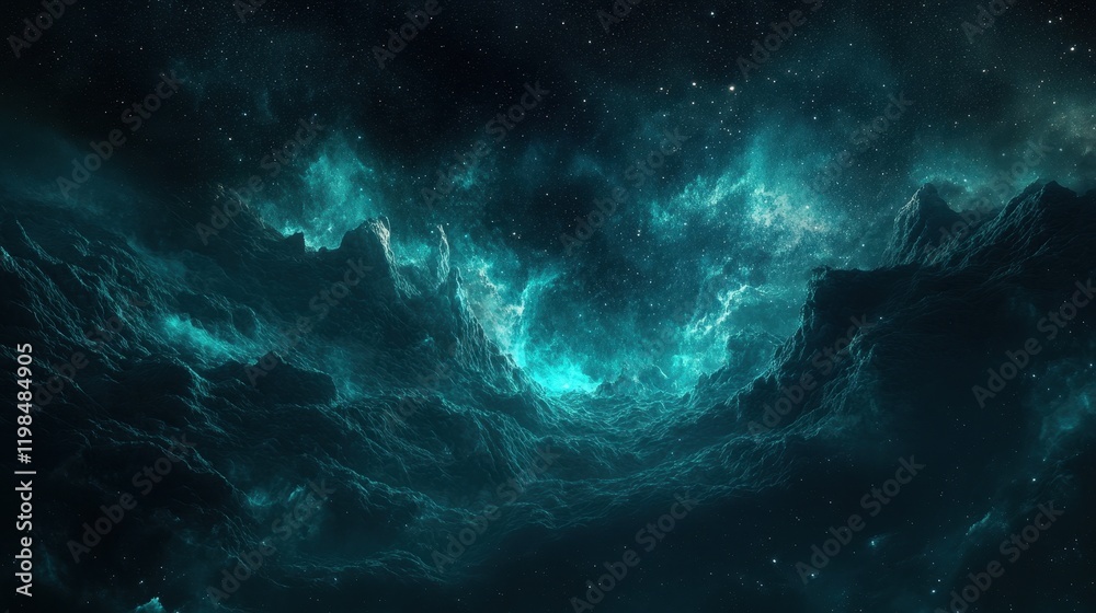 Fototapeta premium Majestic Teal Nebula with Starry Sky and Rocky Landscape in Deep Space.