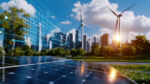 cinematic view of renewable energy plant featuring solar panels and wind turbines, showcasing sustainable future with vibrant city skyline in background