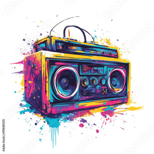 A vibrant illustration of a retro boombox surrounded by colorful paint splatters showcasing a dynamic and energetic aesthetic. photo