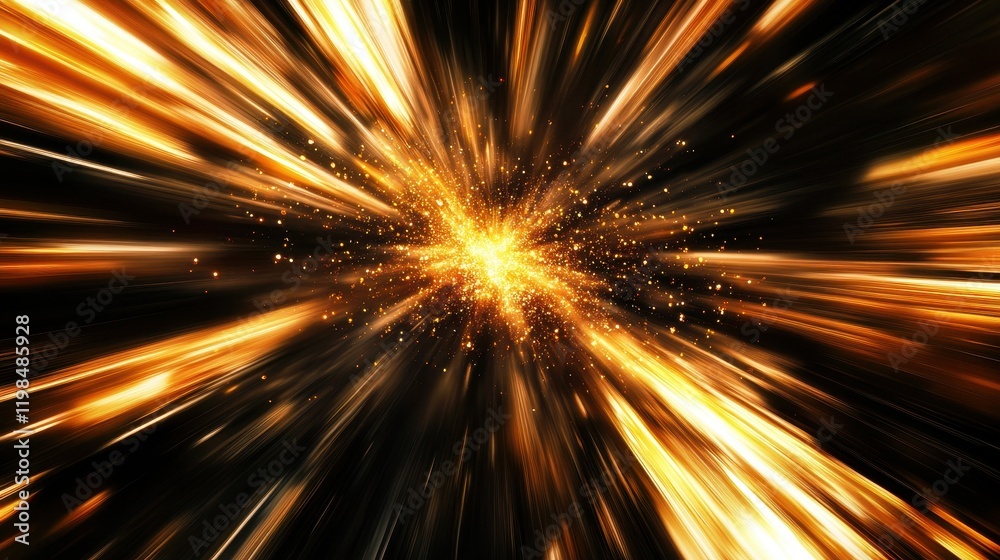 Golden Light Burst with Speed Lines and Sparkling Particles, Abstract Background. Golden Light Burst with Speed Lines and Sparkling Particles, Abstract Background.