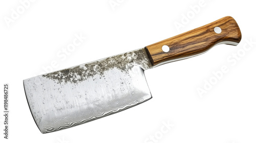 Metal cleaver with wooden handle, kitchen tool for chopping, isolated on transparent background photo