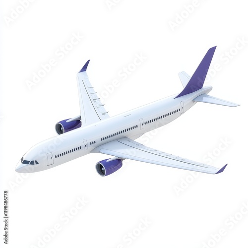 White passenger airplane in flight, isolated on white background.