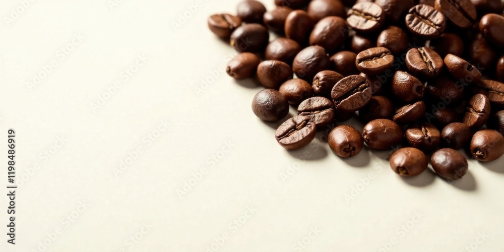 Naklejka premium Aromatic Roasted Coffee Beans Scattered on a Light Background, Ready for Brewing a Delicious Cup
