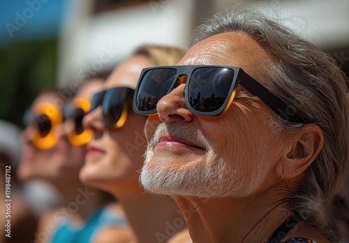 Happy group of people enjoying a solar eclipse with protective glasses