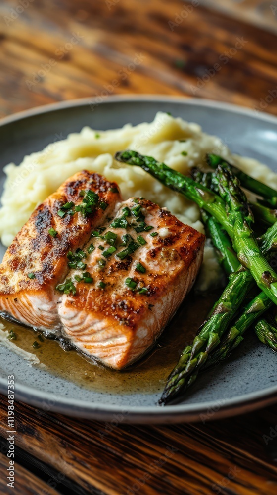 A closeup of a perfectly cooked salmon fillet served with mashed potatoes and asparagus A closeup of a perfectly cooked salmon fillet served with mashed potatoes and asparagus