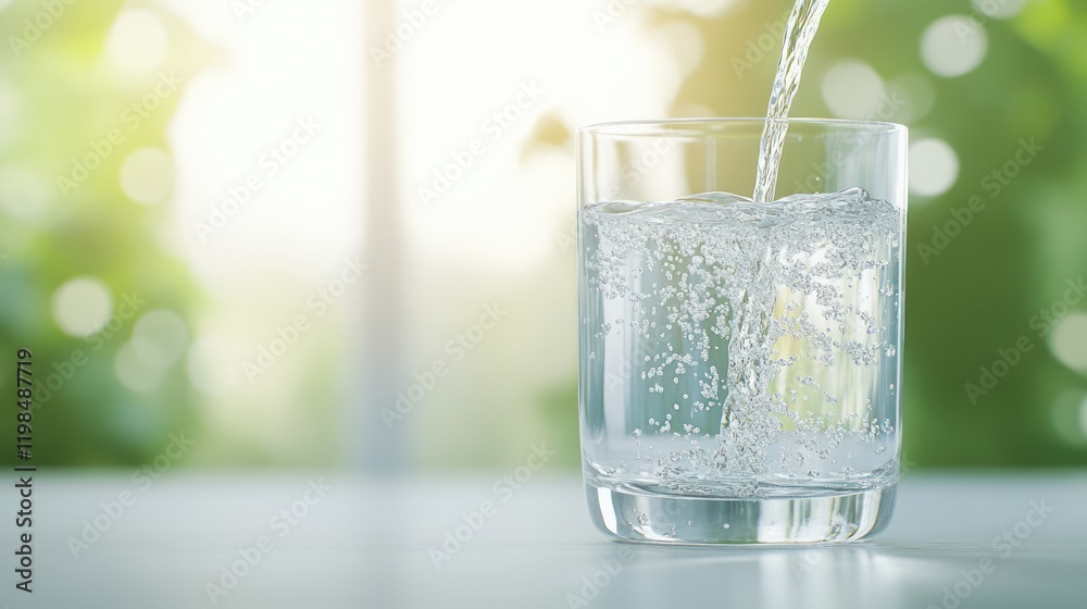 A glass of water sitting on a countertop with water flowing from a tap into it, capturing the moment as the water cascades smoothly into the glass.