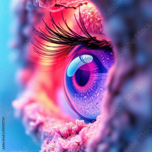 Close-Up Vibrant Neon Eye with Long Eyelashes