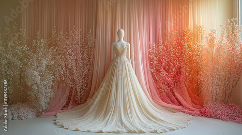 Luxurious backless gown with shimmering details showcased in a soft pastel room featuring delicate floral arrangements and cascading fabric accents photo