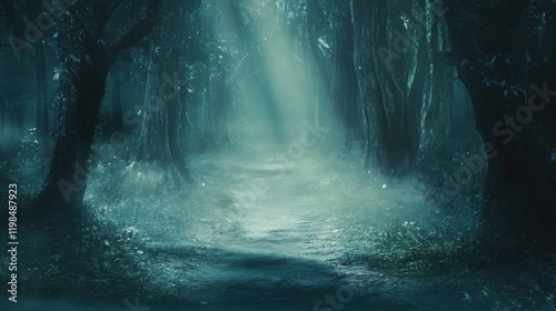 Mystical Forest Path Ethereal Light and Fog in a Dark Woodland.