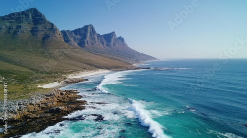 Wallpaper Mural Dramatic Coastal Scenery Aerial View of Mountains Meeting Turquoise Ocean with Crashing Waves. Torontodigital.ca
