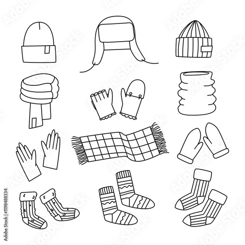Hat, scarf, socks and mittens. Set of accessories for warmth. Line drawing, flat vector illustration, eps10