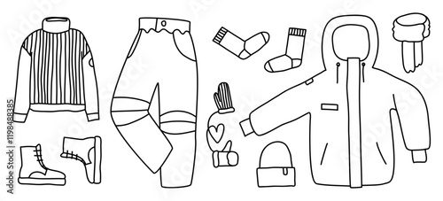 Set of warm clothes. Winter jacket, trousers, mittens and hat. Line drawing, flat vector illustration, eps10