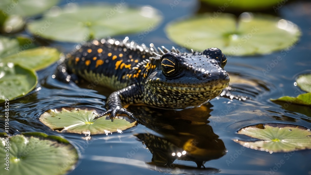 Underwater Beauty: Great Crested Newt Moving Through a Clear Pond Underwater Beauty: Great Crested Newt Moving Through a Clear Pond