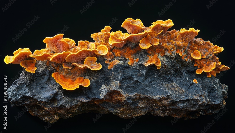 Vibrant orange fungi cluster on dark rock, isolated on black. Vibrant orange fungi cluster on dark rock, isolated on black.