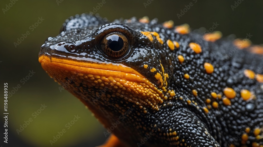 Close-Up of Great Crested Newt's Textured Skin and Vibrant Orange Belly Close-Up of Great Crested Newt's Textured Skin and Vibrant Orange Belly