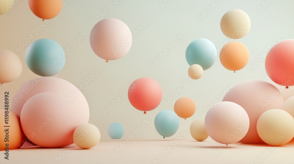 Fototapeta premium Abstract 3D Render of Colorful Floating Balloons on Soft Beige Background.