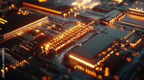 Circuit Board with Orange Glowing Lights