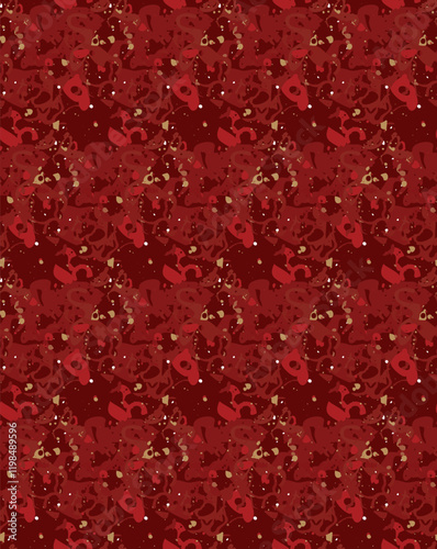 Seamless pattern featuring a complex and dynamic abstract design. Rich shades of red and gold creating a luxurious and festive appearance. Eye-catching composition combining opulent colors.