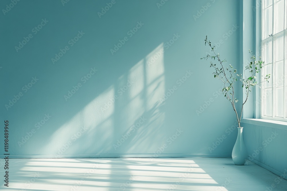 Obraz premium Sunlit minimalist room with blue wall, vase, and plant.