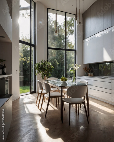 Spacious minimalist kitchen with dining area sleek chairs and secondary kitchen below the second floor level Interior Design Inspiration photo