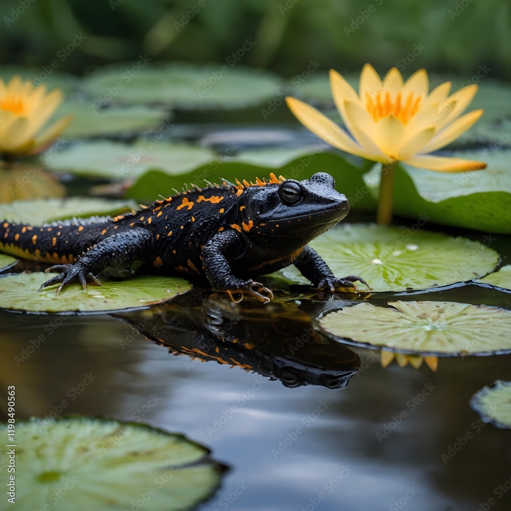 Serene Scene: Italian Crested Newt on a Lily Pad in the Pond Serene Scene: Italian Crested Newt on a Lily Pad in the Pond