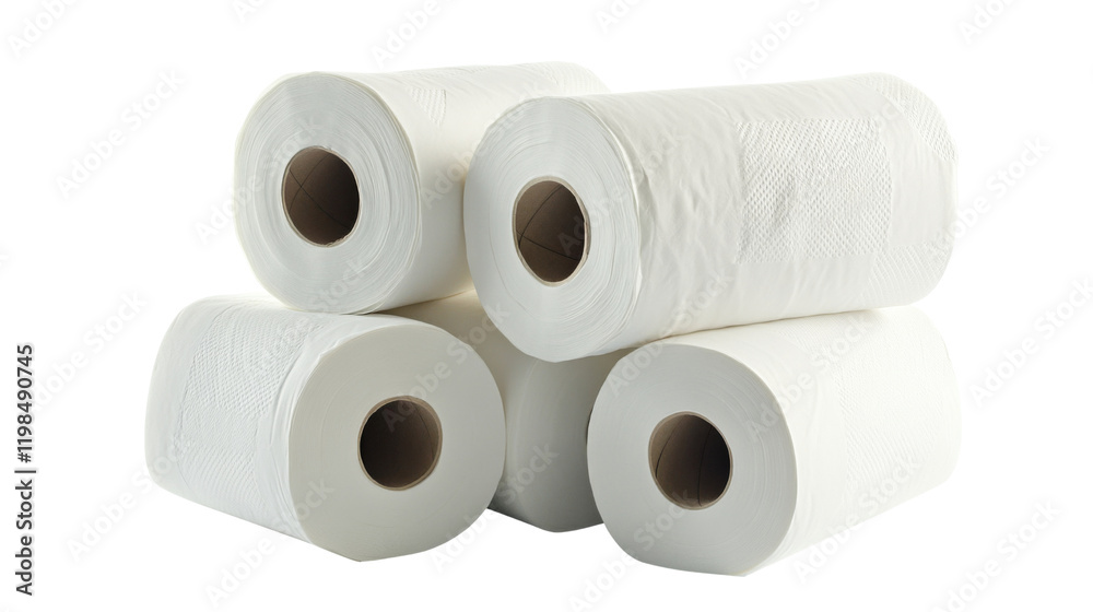 Multiple rolls of toilet paper stacked, isolated on transparent background