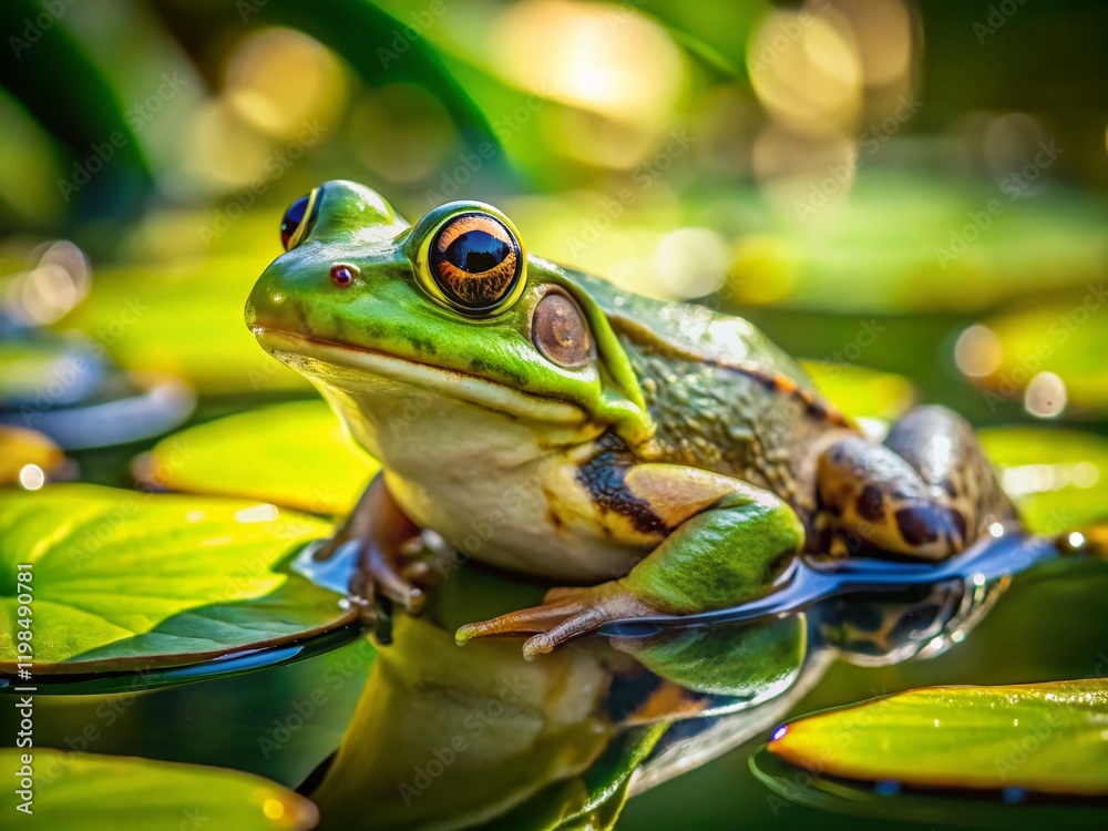 Adorable Green Frog Posing on Lily Pad, Nature Wildlife Photography Adorable Green Frog Posing on Lily Pad, Nature Wildlife Photography