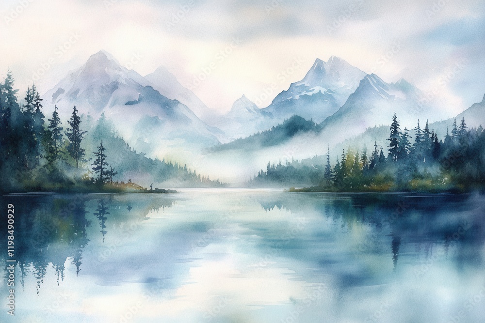 Fototapeta premium Serene Mountain Lake Watercolor Landscape with Fog and Pine Trees.
