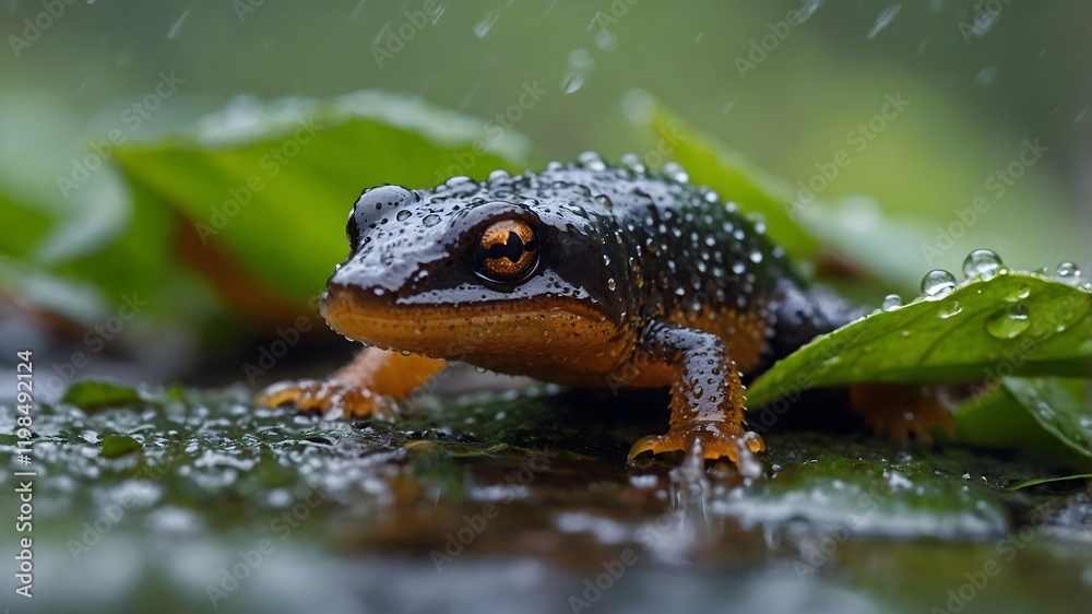 Serene Rainfall: Alpine Newt on a Wet Leaf, Surrounded by Drizzles Serene Rainfall: Alpine Newt on a Wet Leaf, Surrounded by Drizzles