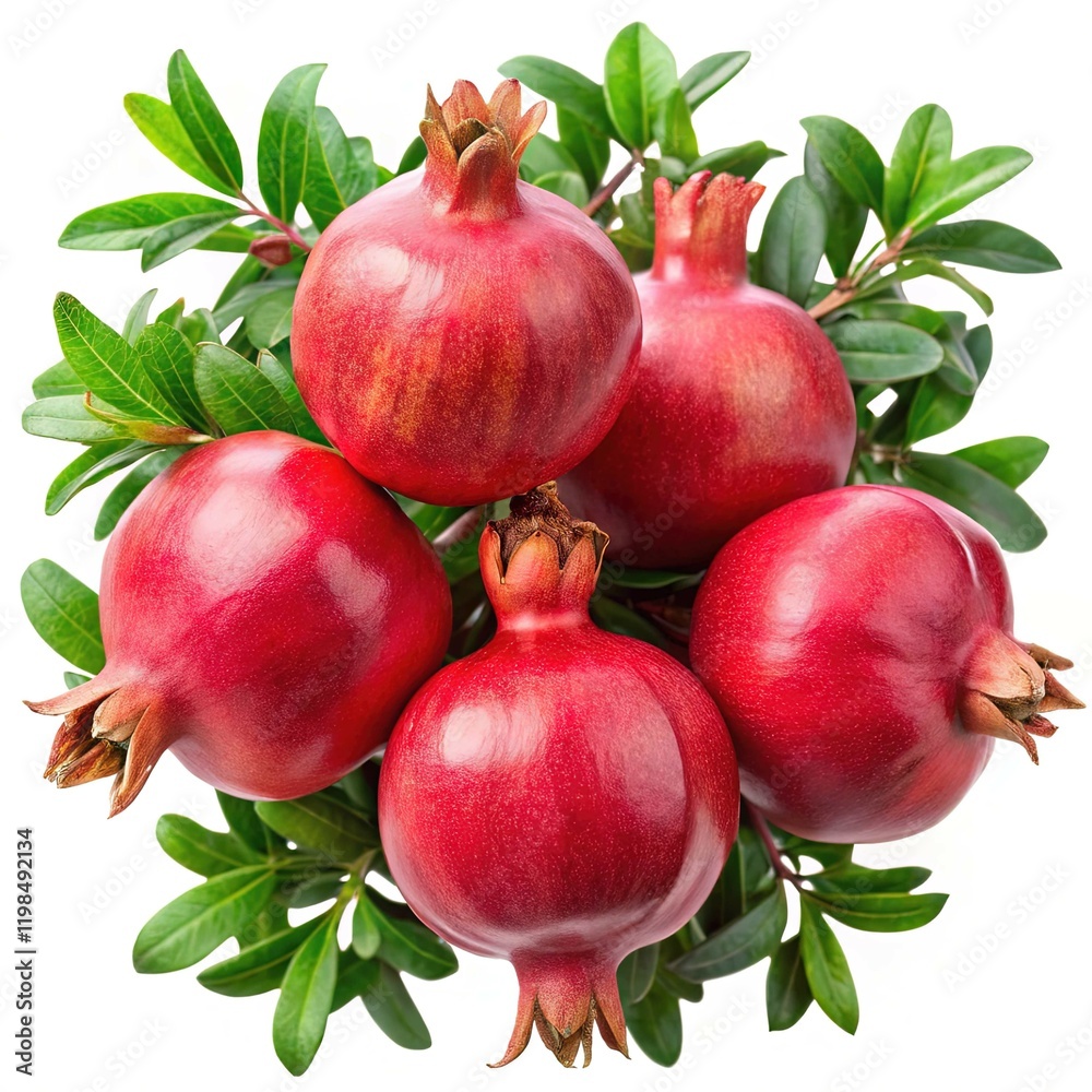 Cluster of ripe pomegranates with green leaves - Five ripe, shiny pomegranates surrounded by fresh green leaves, showcasing their natural beauty and vibrant red color.
Cluster of ripe pomegranates with green leaves - Five ripe, shiny pomegranates surrounded by fresh green leaves, showcasing their natural beauty and vibrant red color.