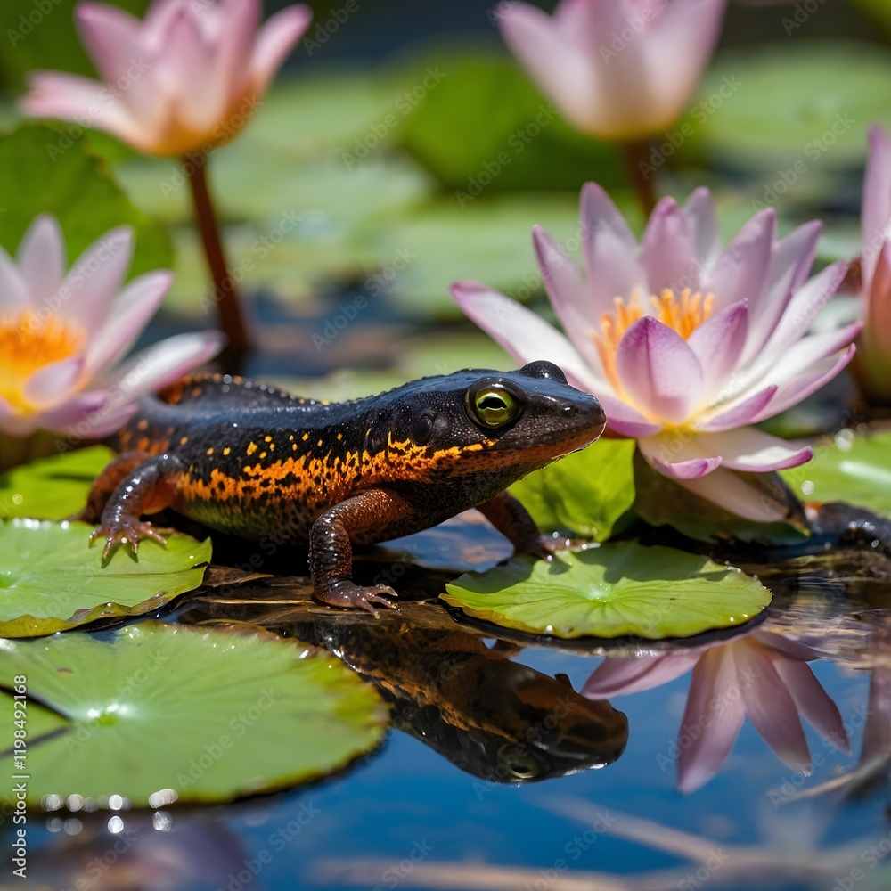 Fototapeta premium Mating Display: Alpine Newts in Shallow Pond Waters